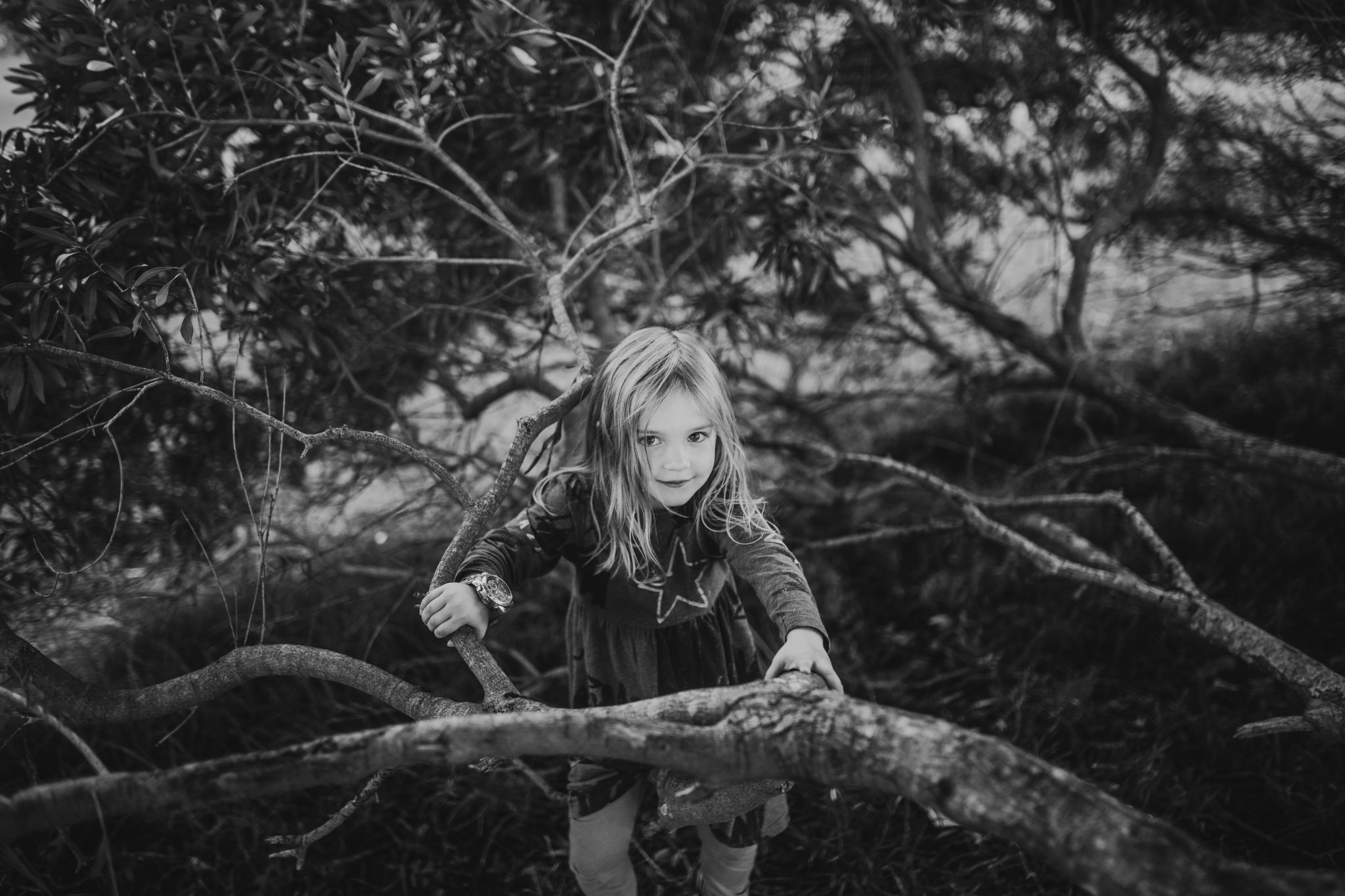Black and white image of young girl climbing tree while looking at camera